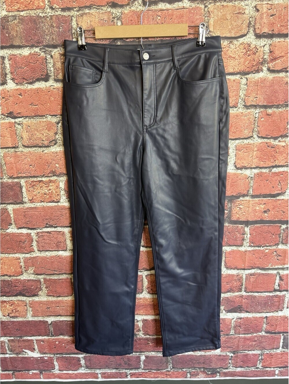 LOFT Women's Navy Faux Leather Straight Leg Pants Size 10 Pockets Button Zip